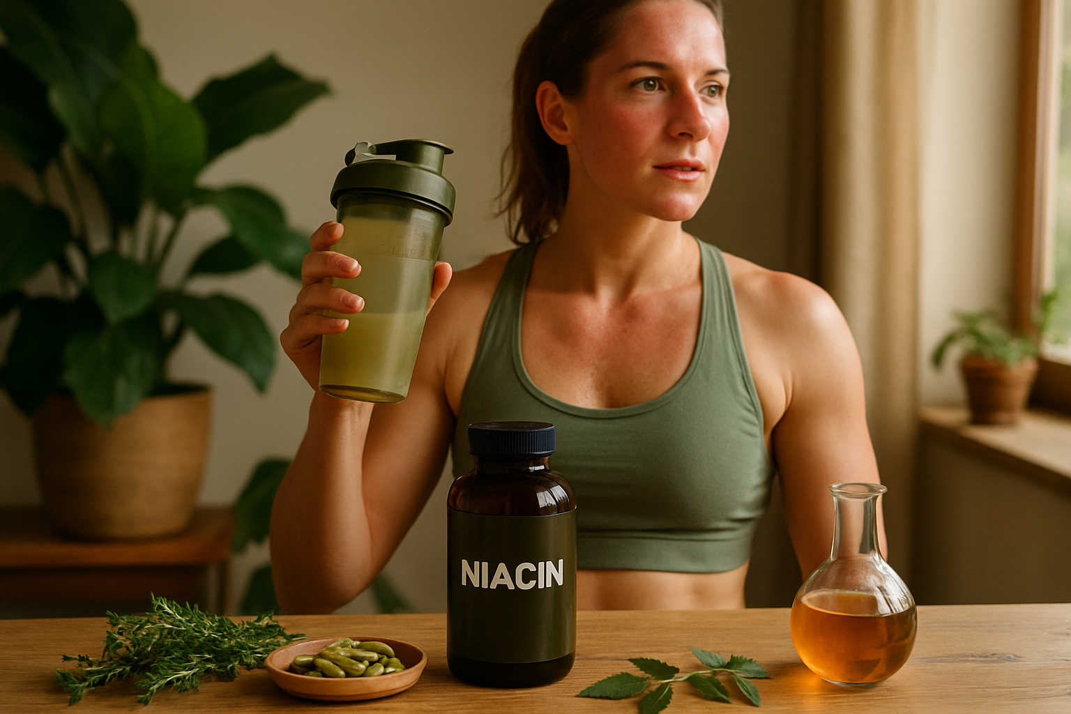 Illustration von Niacin Molekül und Hautdurchblutung beim Pre-Workout Flush