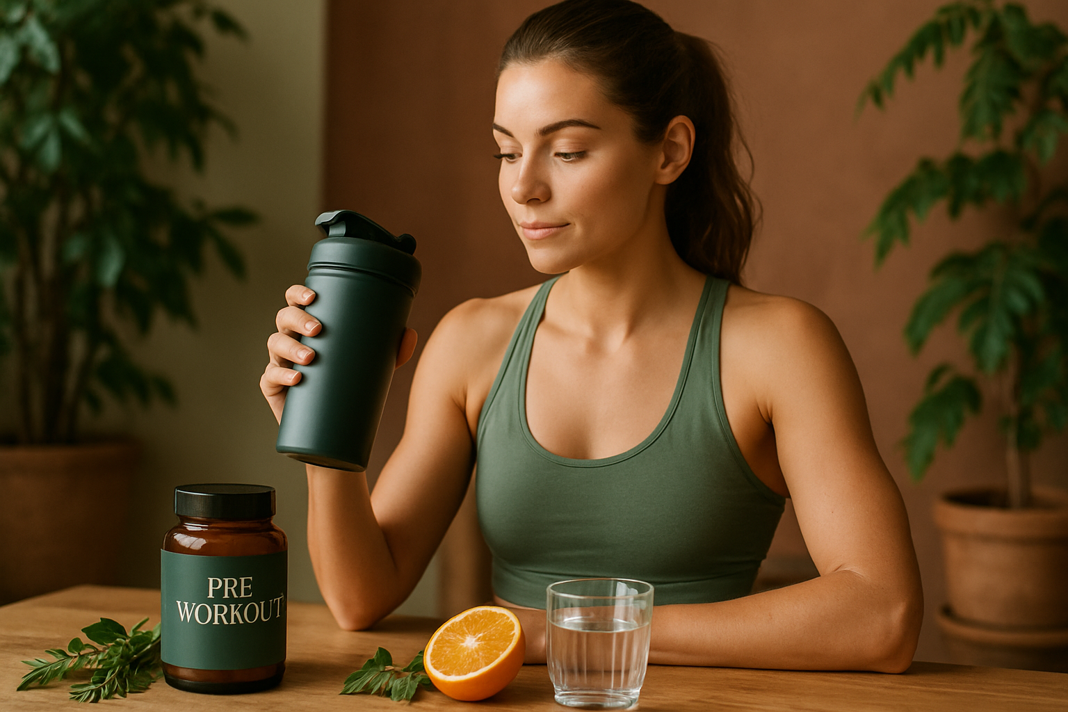 Sportliche Frau im Gym mit Pre-Workout Shaker beim Training