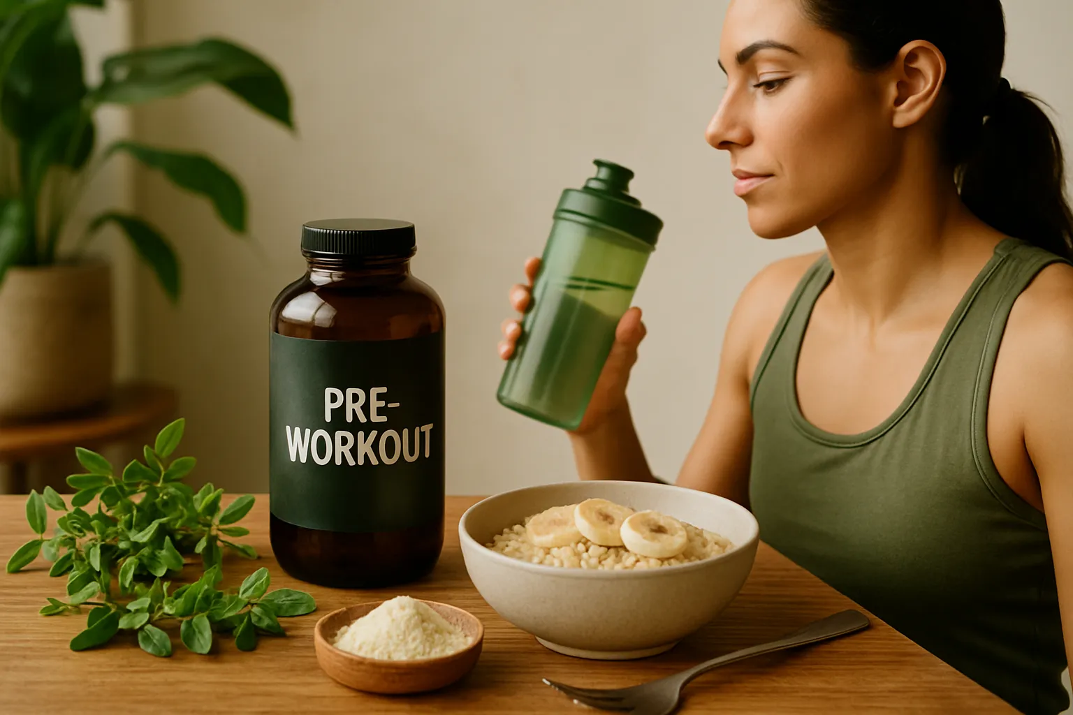 Sportler mit Pre-Workout Shaker und gesunder Mahlzeit auf Küchentisch beim Timing-Check