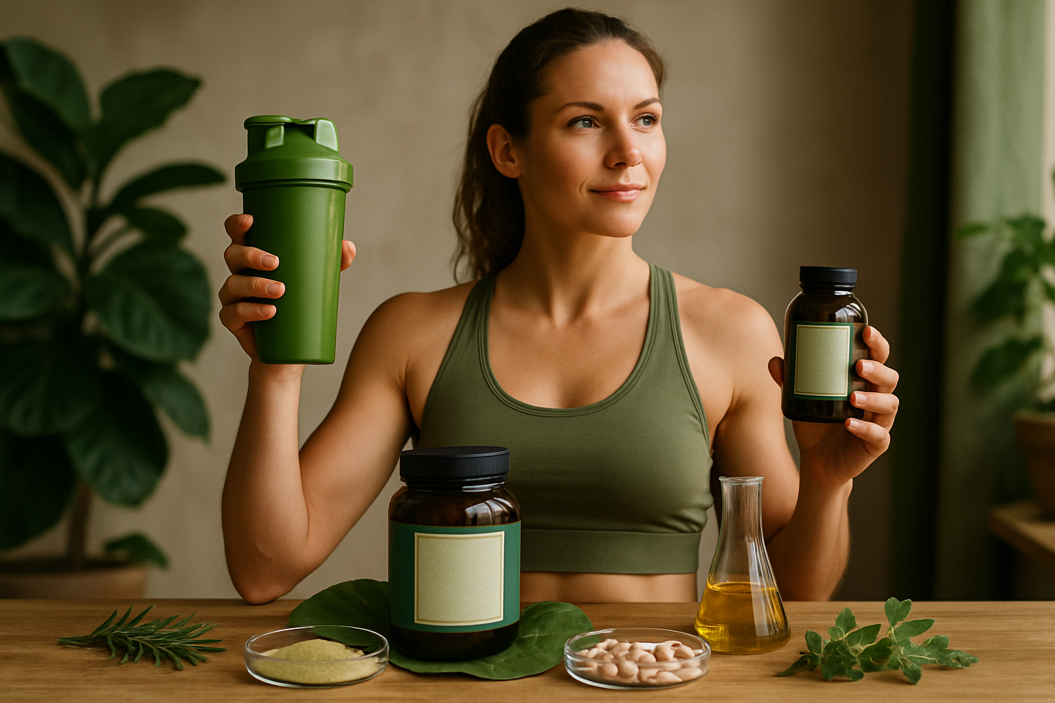 Pflanzliche Pre-Workout Booster mit natürlichen Zutaten auf Holztisch